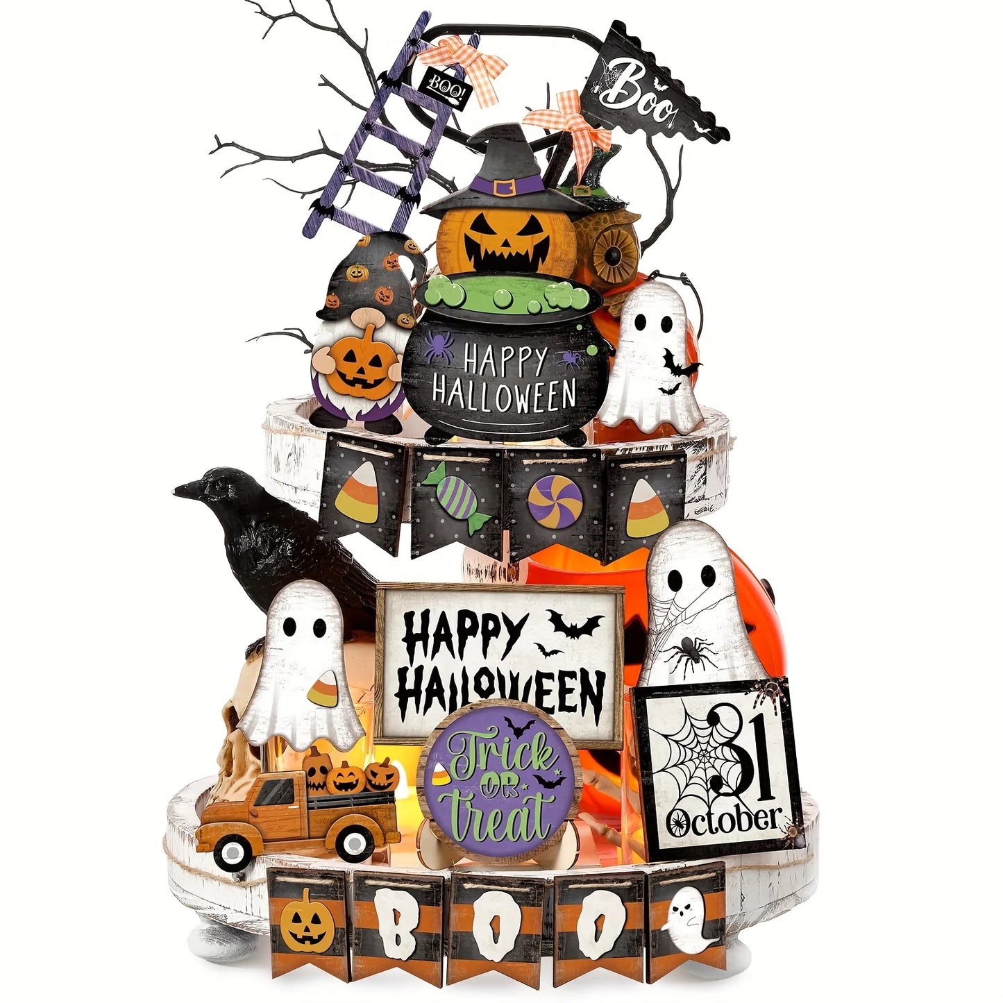 21 Piece Halloween Tiered Tray Decor Set Rustic Wood Signs