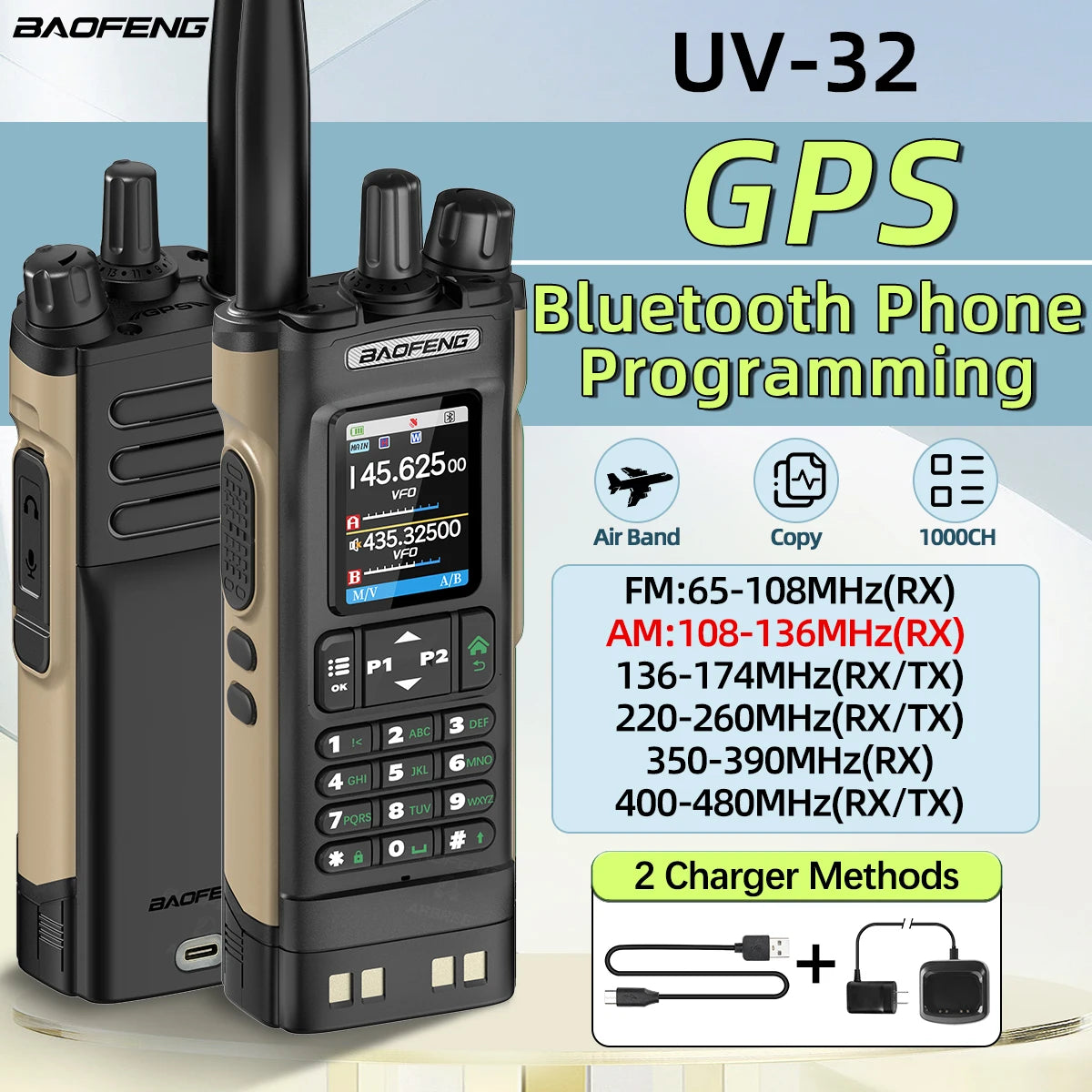 Walkie Talkie Baofeng UV-32 Multi Band 10W GPS Bluetooth Programming Amateur AM Two Way Radio with 2.0" Screen Type-C Ham Radio
