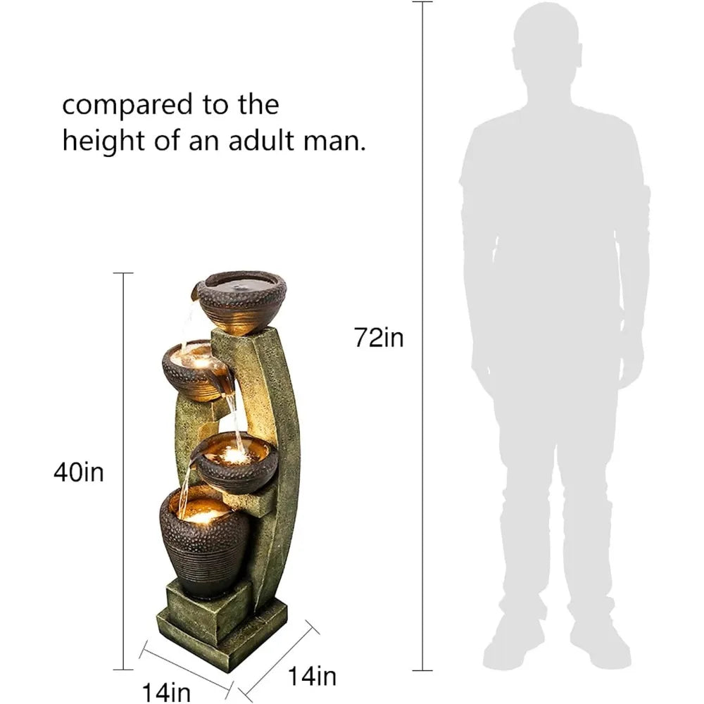40” H Modern Outdoor Fountain - 4 Crocks Outdoor Garden Fountains with Contemporary Design&LED Light for Garden, Patio, Deck, P