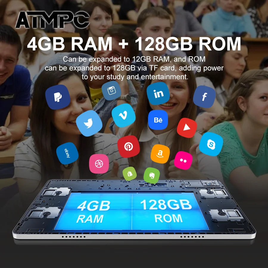 ATMPC 10.1 Inch Android 14, 12GB RAM, 128GB ROM, Octa-Core, BT 5.4, WIFI 6, With Keyboard, Mouse, Case, Stylus 2 In 1 Tablet PC