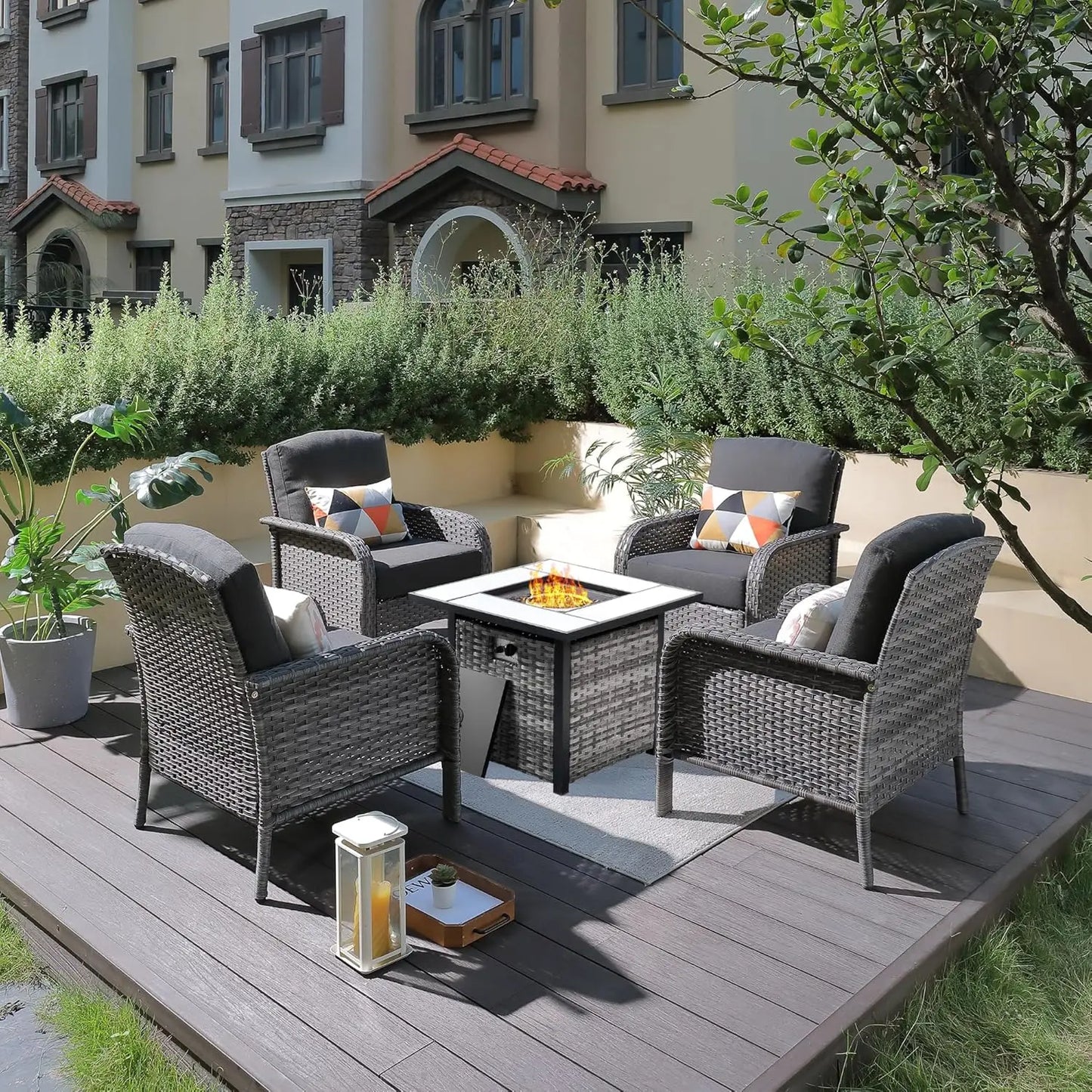 4 Patio Set With 30 Inch Fire Pit Table And Wicker Chairs