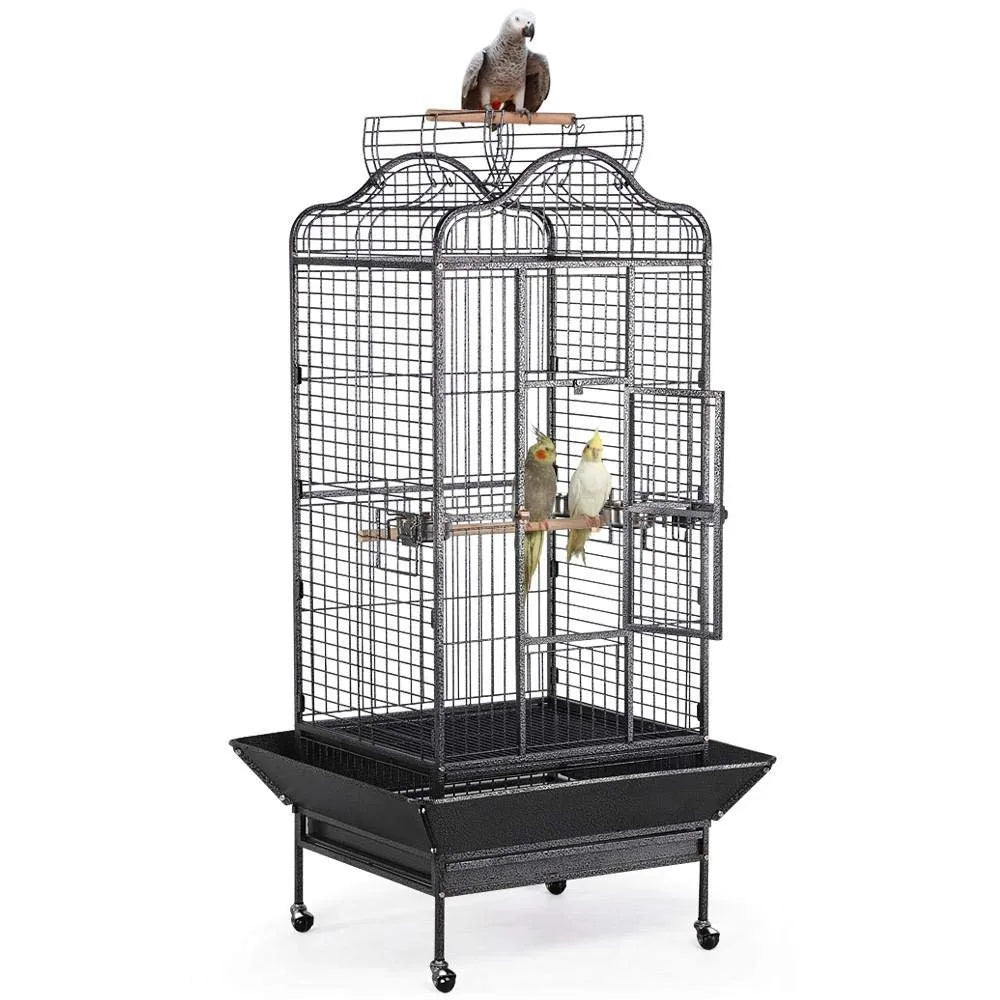 63'' Bird Cage with Stand Wrought Iron Rolling Open Play Top Large Bird Cage for Mini Macaw African Grey Amazon Parrot