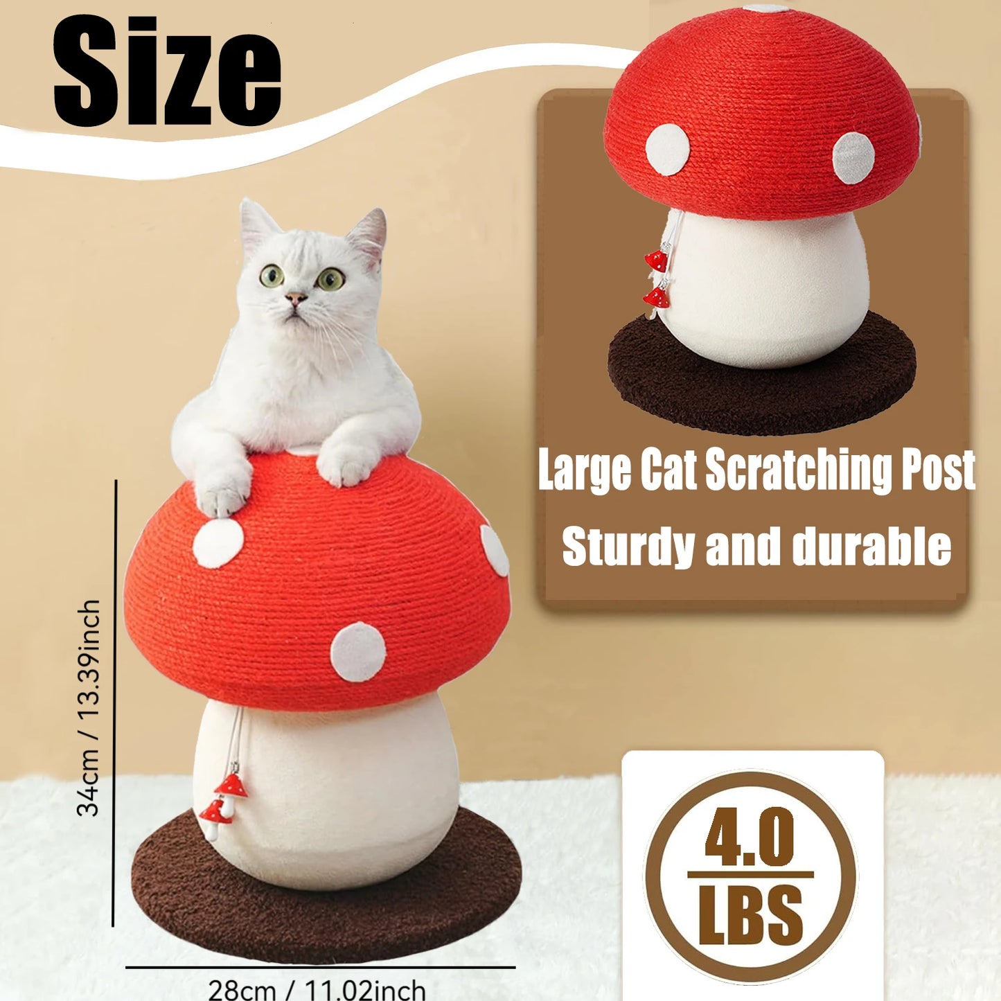 Red Mushroom-Shaped Sisal Cat Scratching Post | Durable and Non-Falling | Great for Paw Care and Furniture Protection | Easy to Assemble | Great for Cats!
