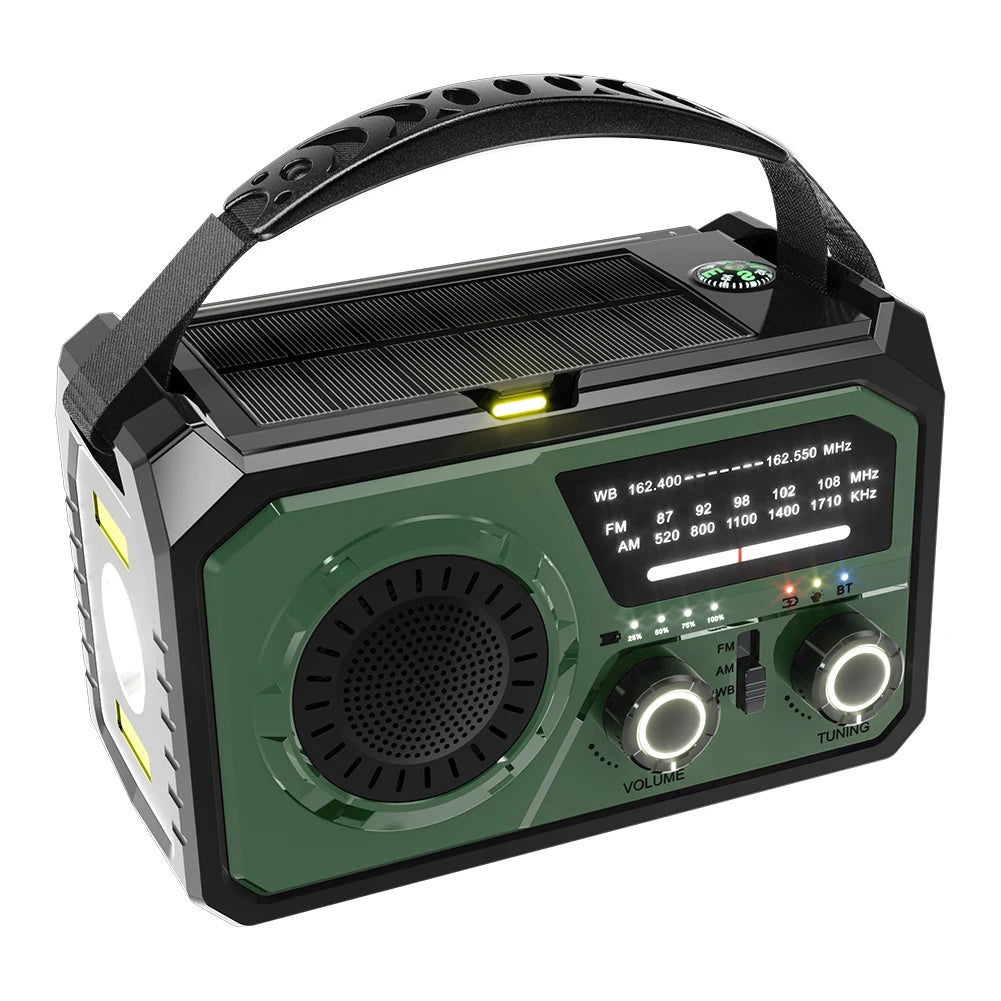 Emergency Weather Radio Bluetooth 5.3 Speaker Hand Crank/Solar/Type-C AM/FM/WB NOAA LED Flashlight 16000mAh Reading Lamp