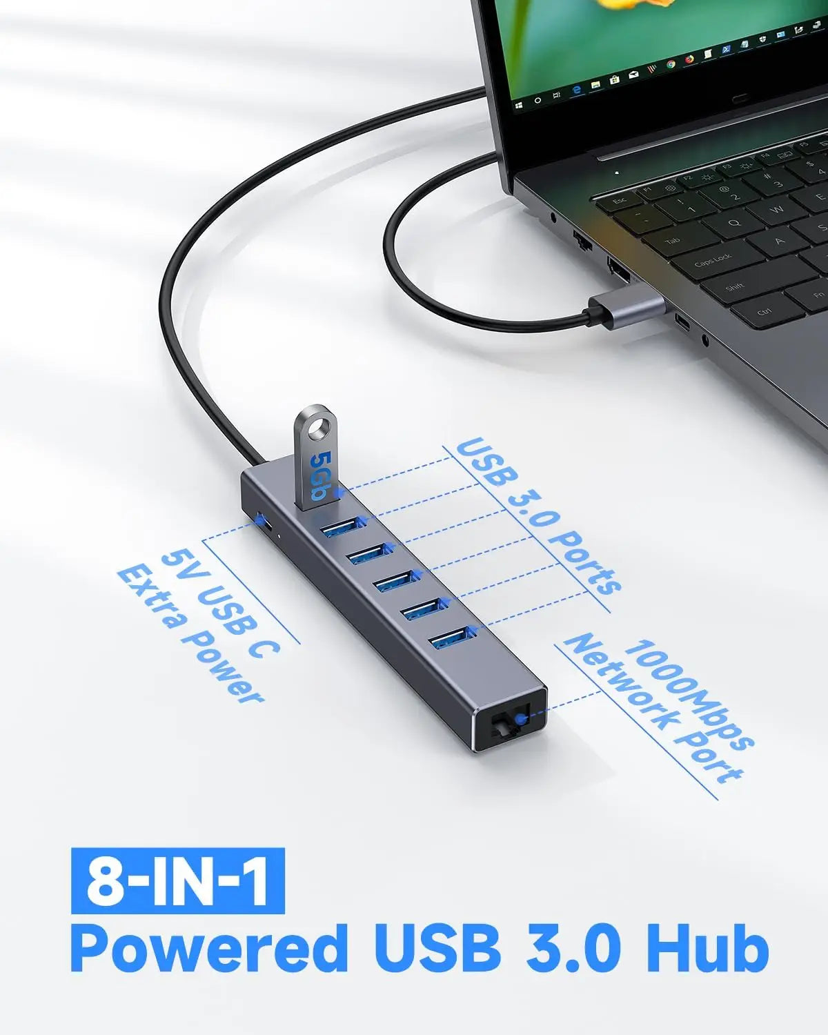 FORIDA 8 IN 1 USB 3.0 Hub 5Gbps 47.2inch Long Cable Network HUB 5V/3A Power Port 6PCS USB A 3.0 Adapter for Laptop PC