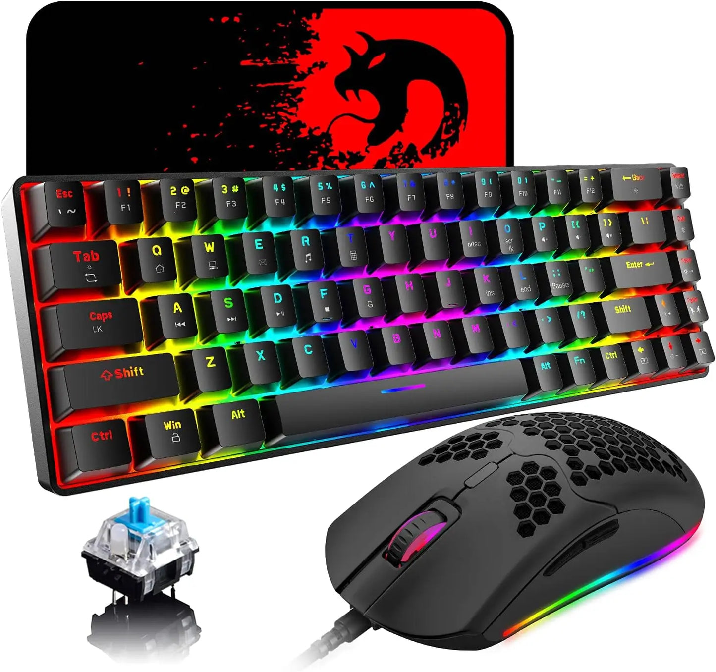 65% Wired Gaming Mechanical Keyboard and Mouse Combo,Mini 68 Keys,RGB Backlight, Lightweight RGB Honeycomb Optical Mouse
