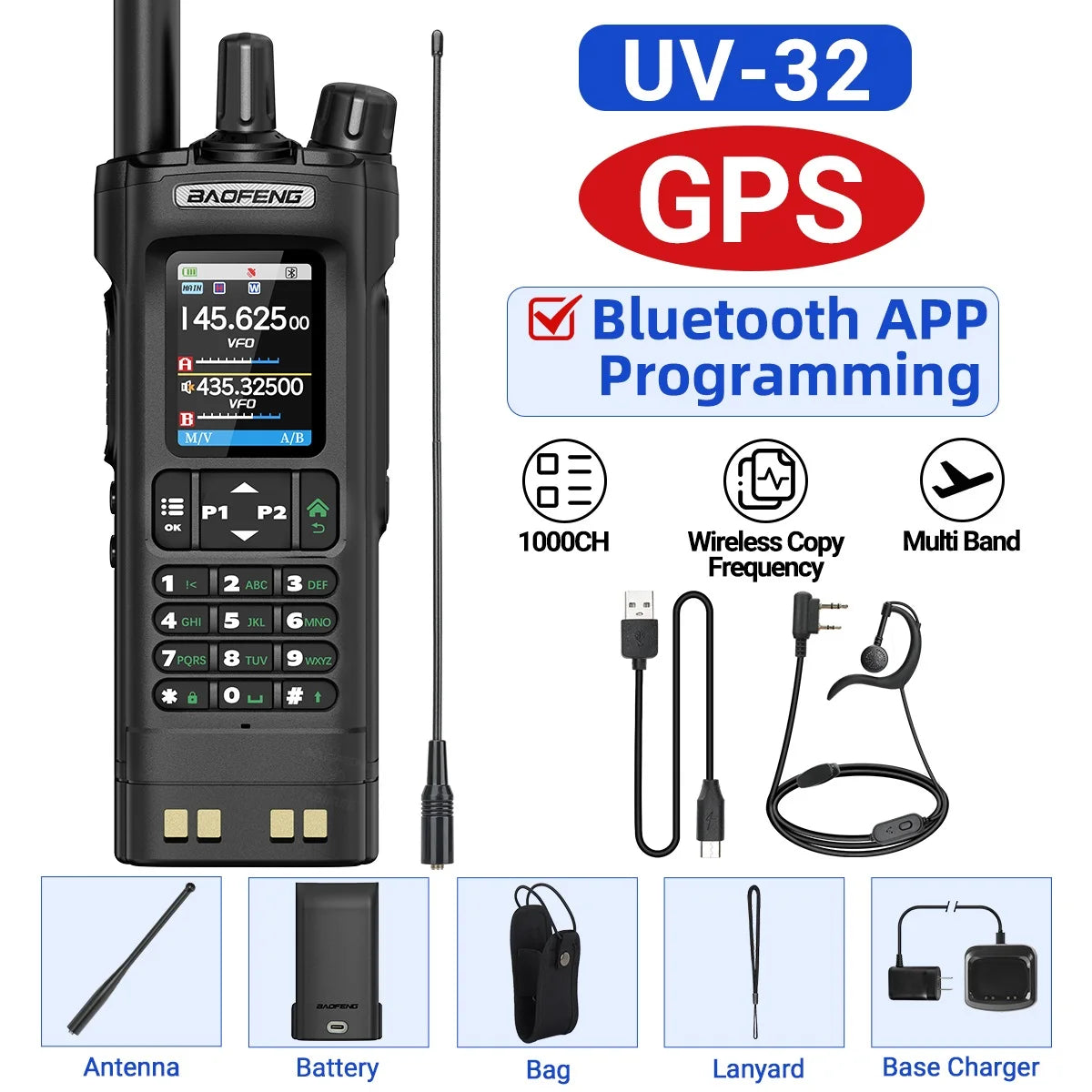 Walkie Talkie Baofeng UV-32 Multi Band 10W GPS Bluetooth Programming Amateur AM Two Way Radio with 2.0" Screen Type-C Ham Radio