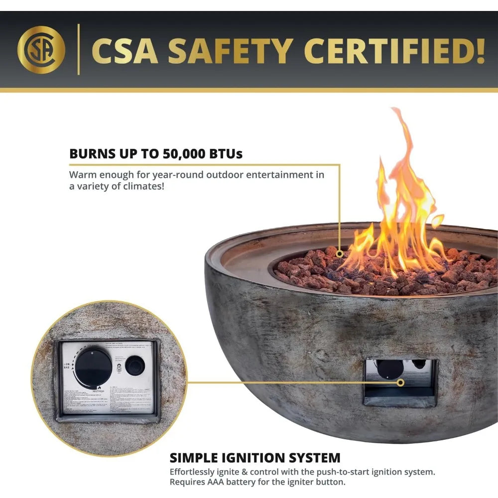 Concrete Fire Pit 31" Round Outdoor Patio Firepit Includes Lava Rocks, Industrial Style Fire Pits & Outdoor Fireplaces for Garde