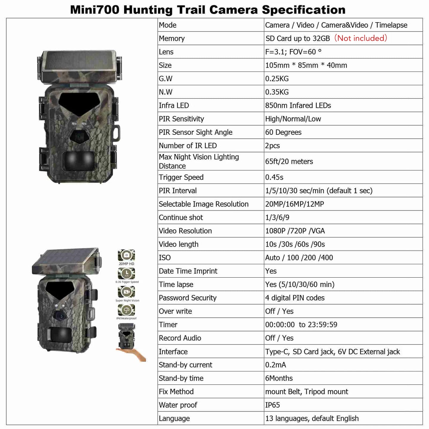 New Hunting Game Camera 20MP/1080P Hunting Camera 0.3s Trigger Speed Night Vision Motion Activated Trail Camera for Outdoor