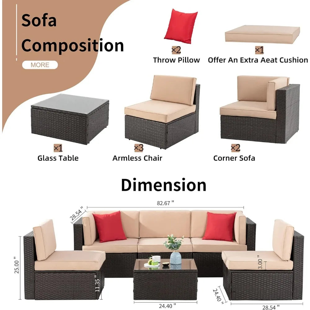 Six Piece Patio Garden Set With PE Rattan Glass Table