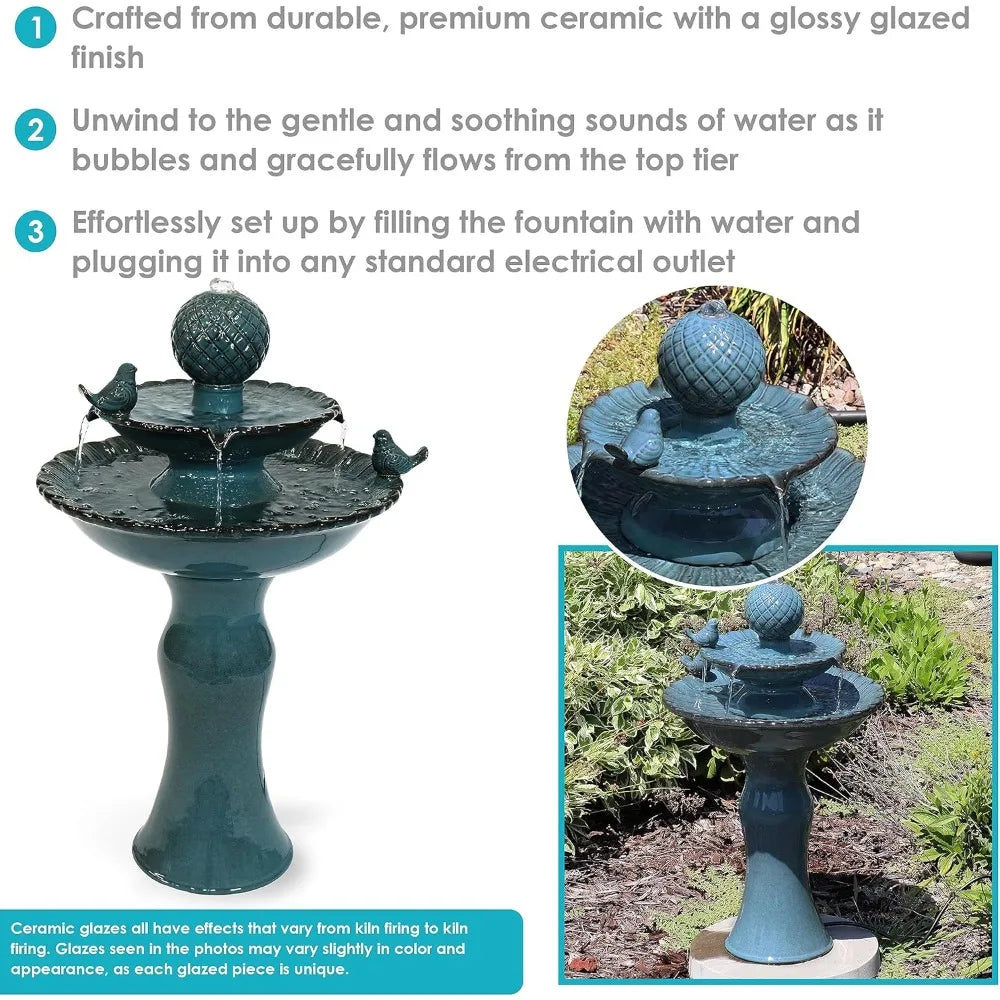 Two Level Ceramic Outdoor Water Fountain Blue Garden Decor