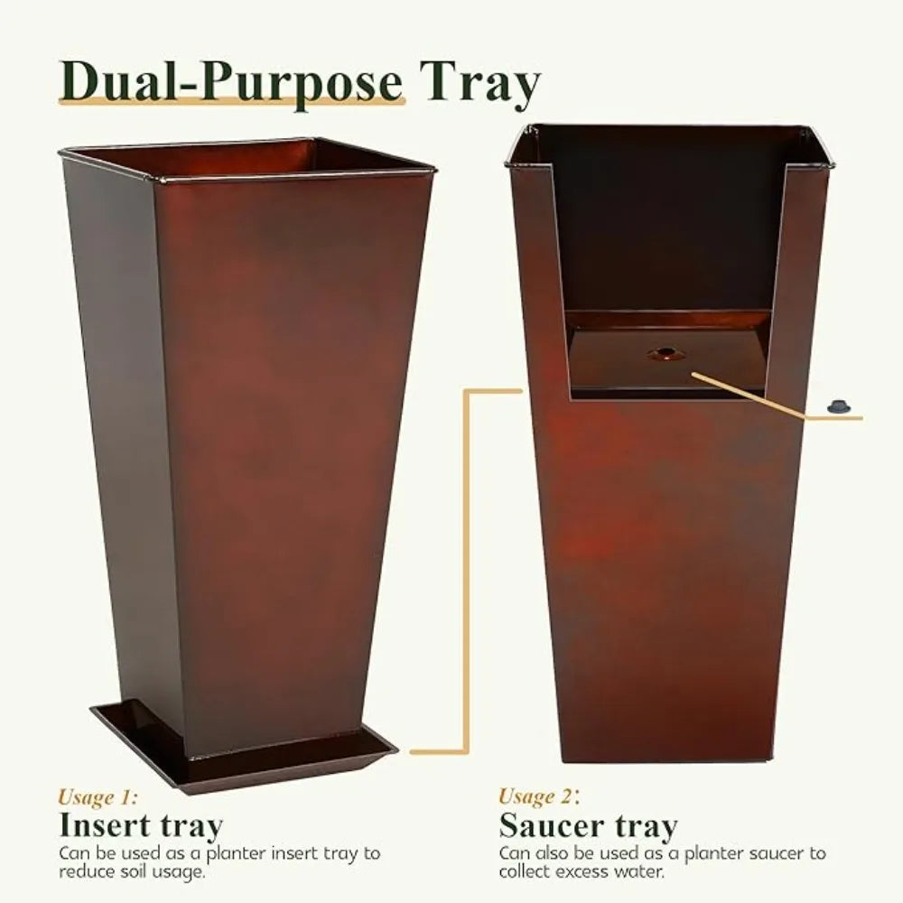 Worth Garden 28 Inch Large Red Glazed Metal Planter Set of 2