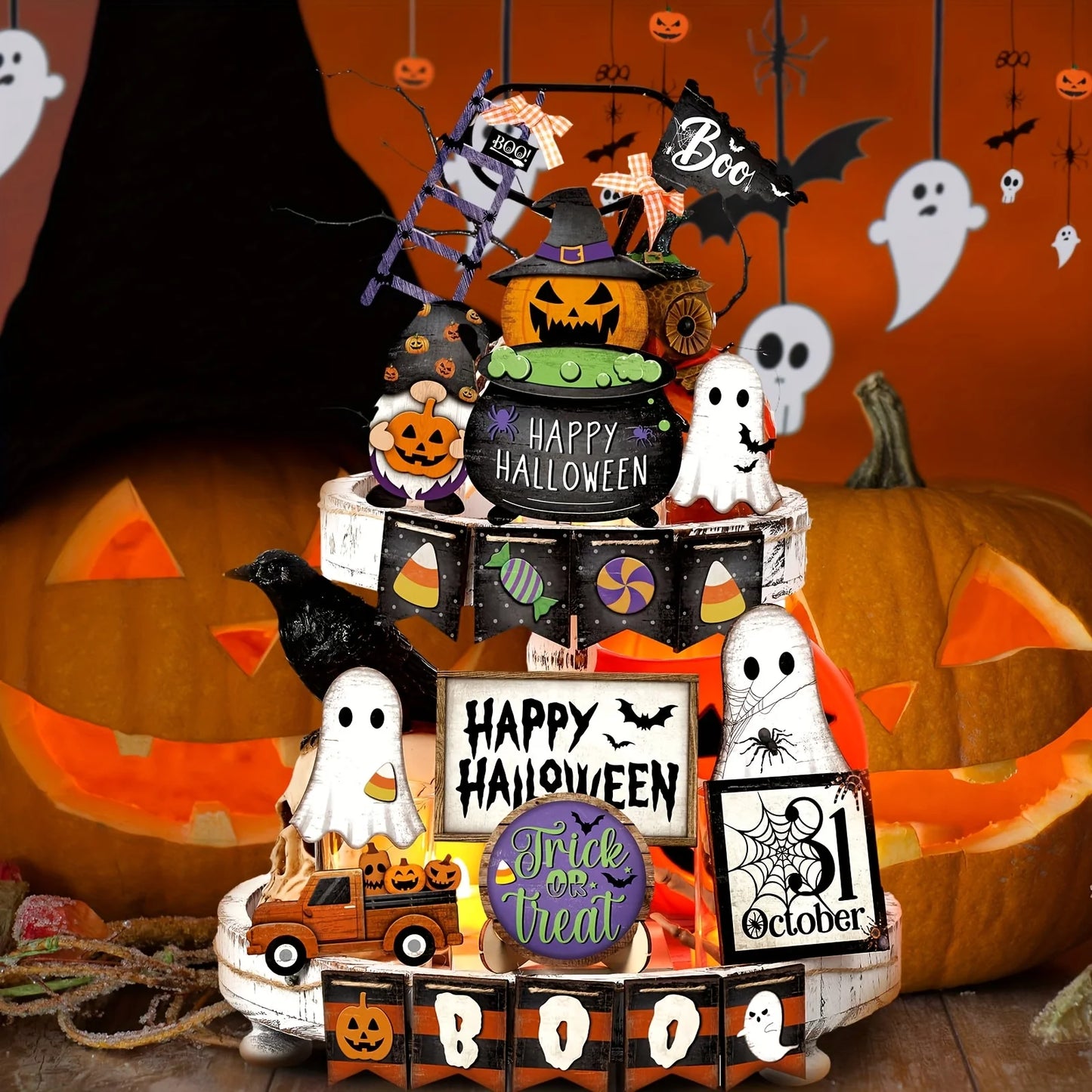 21 Piece Halloween Tiered Tray Decor Set Rustic Wood Signs