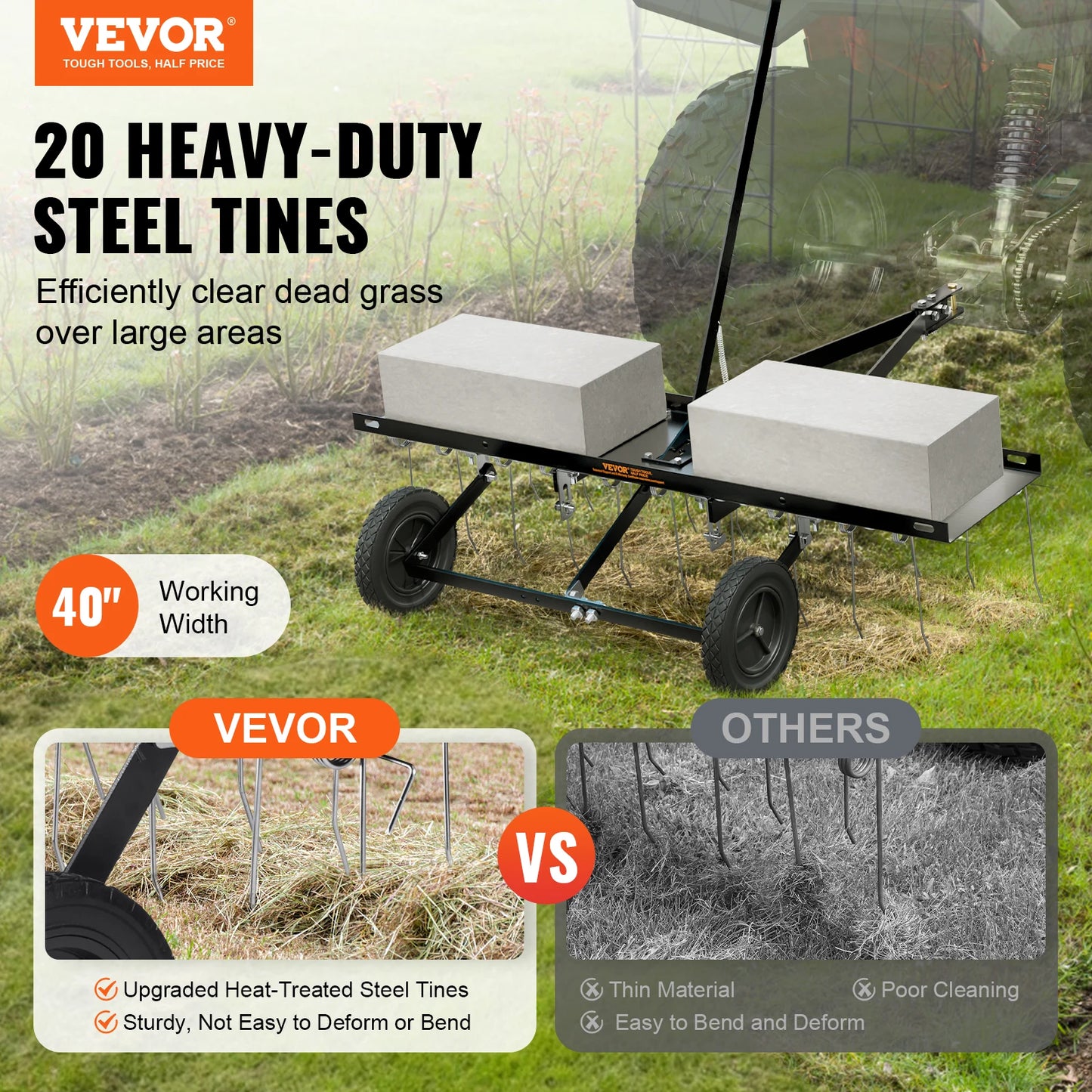 SucceBuy 40 Inch Tow Behind Dethatcher With 20 Steel Tines