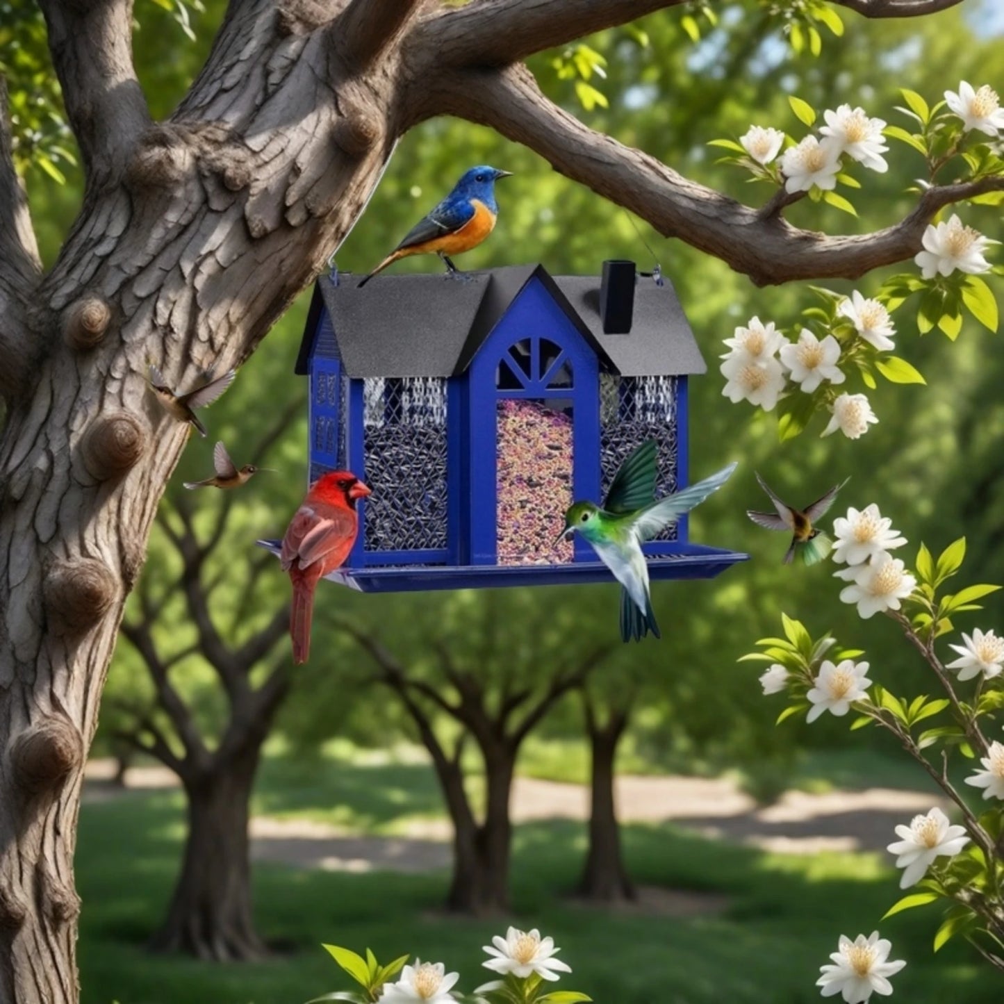1 Outdoor Hanging Wild Bird Feeder, Large Capacity, Large Birdhouse with Metal Mesh Cover and Seed Tray, Suitable for Titles, Red Birds, Titles, Hummingbirds, Squirrel Protection and Weather-Resistant Metal Outdoor Garden Cou