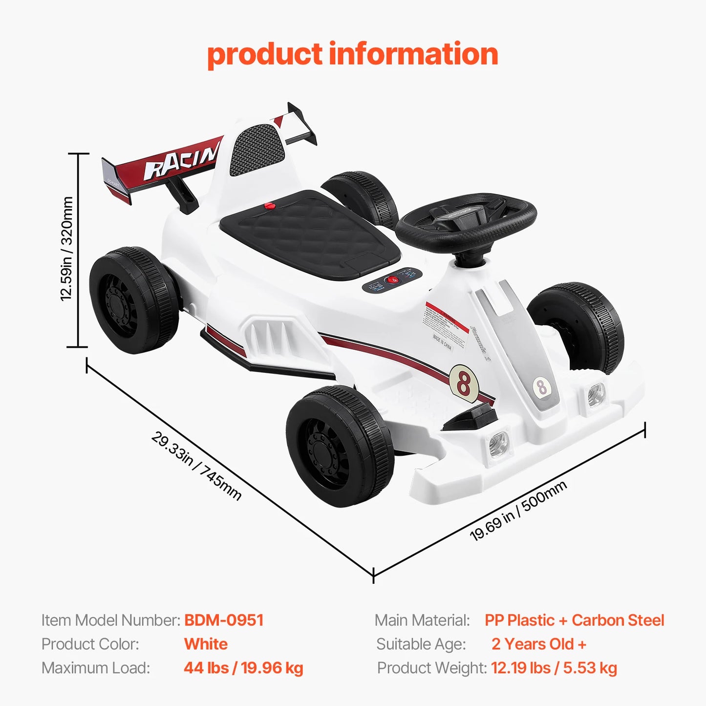 VEVOR 6V 4.5Ah Electric Pedal Go Kart Portable Outdoor Racing Toys 20000 RPM Motor with LED Headlight & Horn for Kids Boy Gifts