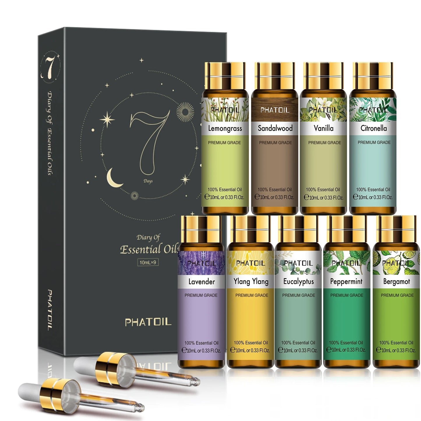 Phatoil 9pcs Gift Set 10ml Pure Natural Essential Oils Kit Vanilla Sandalwood Neroli Helichrysum Lemon Eucalyptus Spearmint