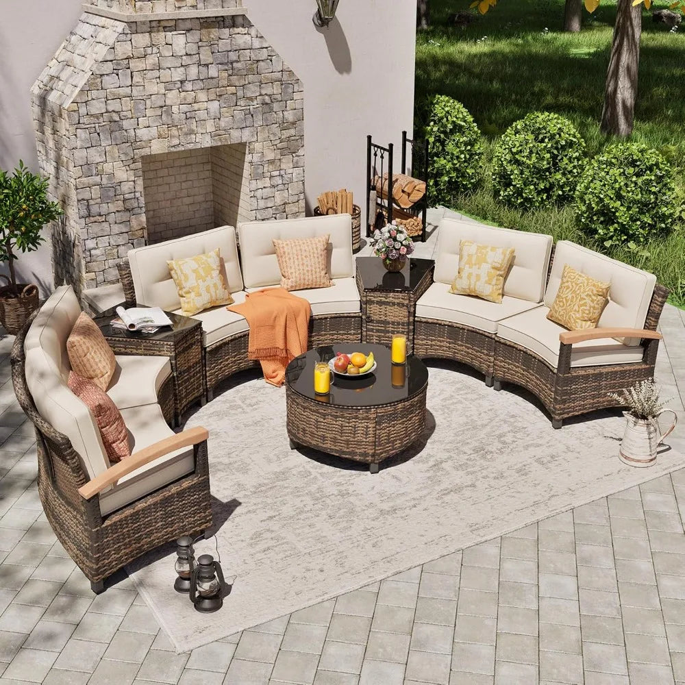 9 Piece Outdoor Patio Set Half Moon Rattan Sofa Conversation