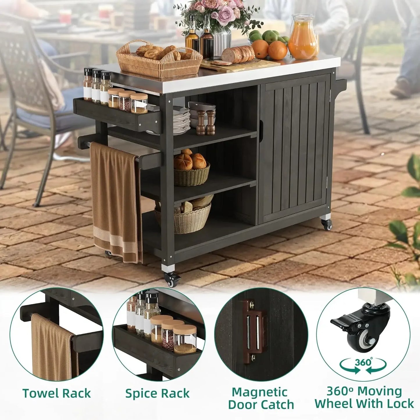 XL Solid Wood Outdoor Grill Cart With Spice Rack And Table