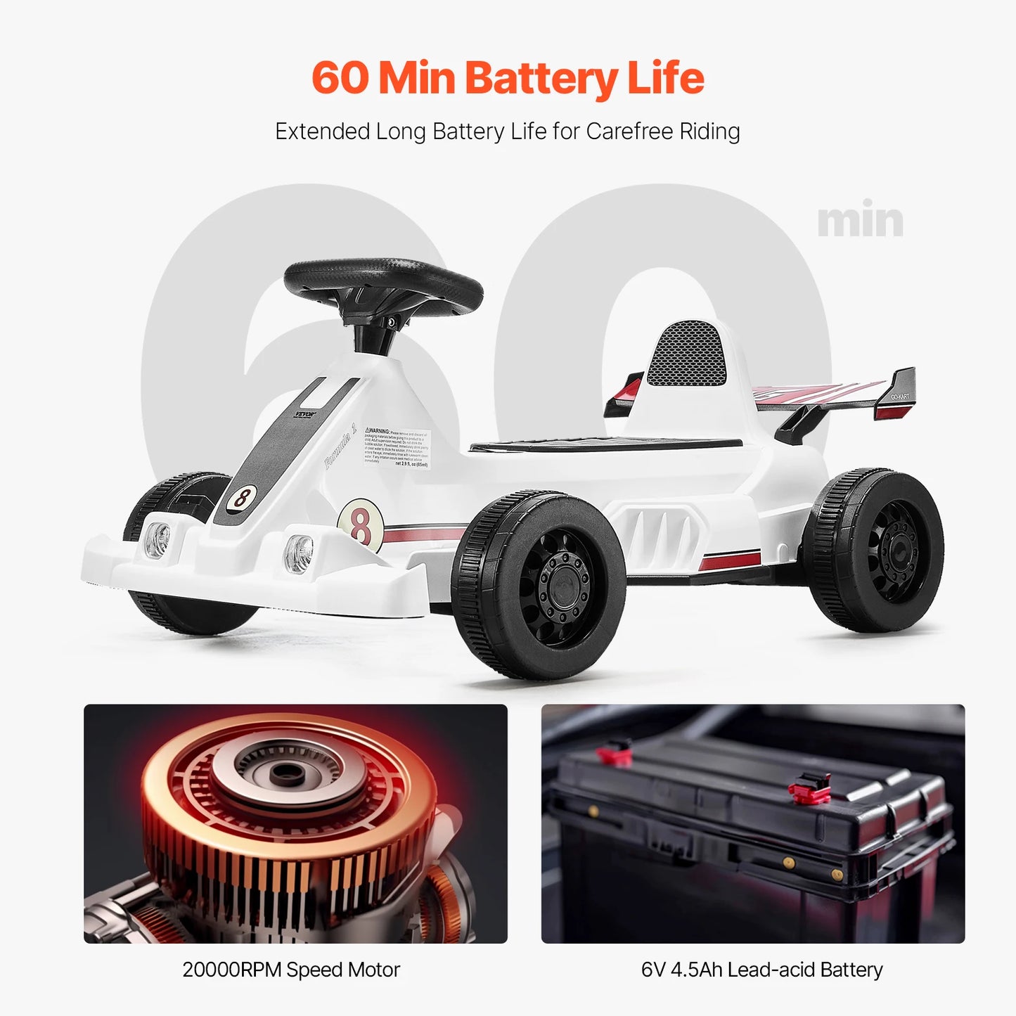 VEVOR 6V 4.5Ah Electric Pedal Go Kart Portable Outdoor Racing Toys 20000 RPM Motor with LED Headlight & Horn for Kids Boy Gifts