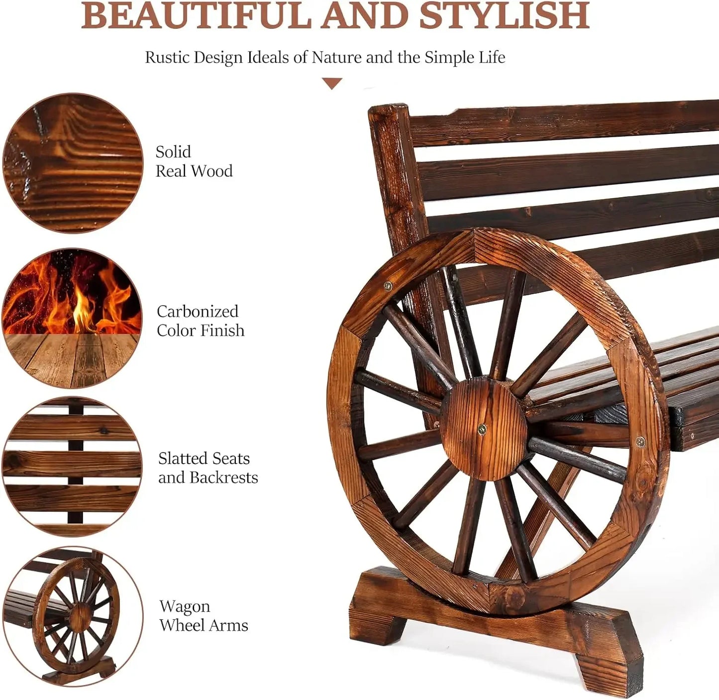 Outdoor Rustic Wooden Bench With Wagon Wheel Arms 3 Seats