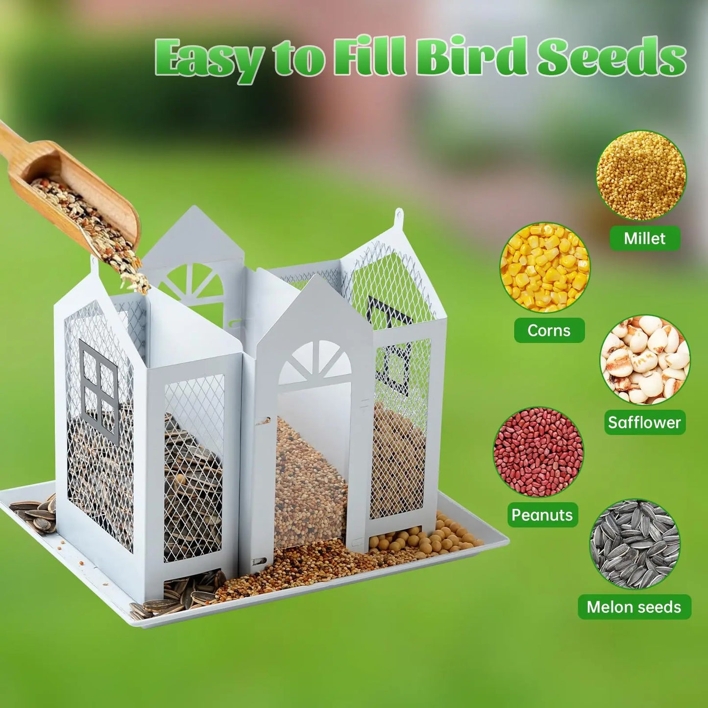 1 Outdoor Hanging Wild Bird Feeder, Large Capacity, Large Birdhouse with Metal Mesh Cover and Seed Tray, Suitable for Titles, Red Birds, Titles, Hummingbirds, Squirrel Protection and Weather-Resistant Metal Outdoor Garden Cou