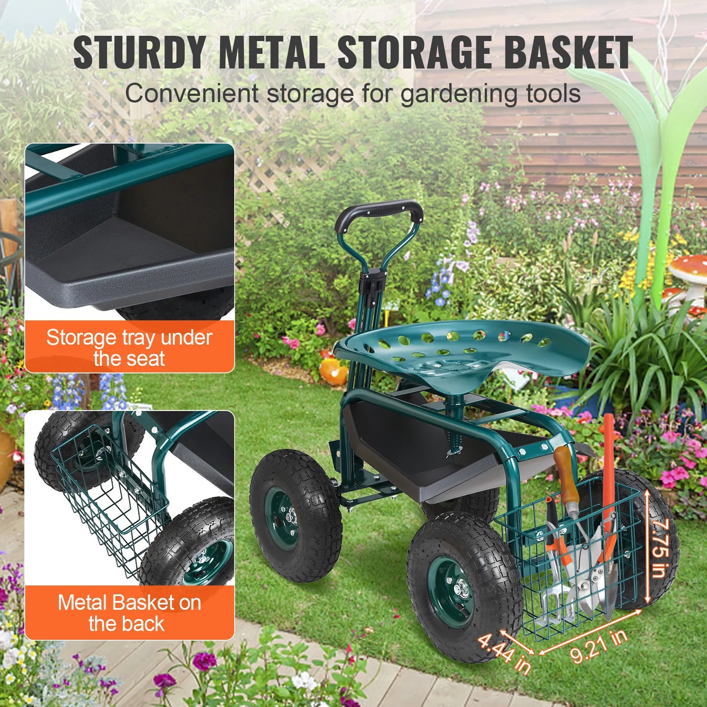 Garden Cart Rolling Workseat With Wheels 360 Swivel Seat