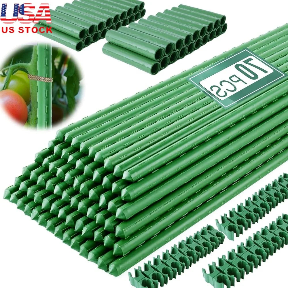 Garden Stakes 70 Pack 16in Plastic Coated Metal Plant Supports Adjustable Length Tomato Stakes Durable Outdoor Plant Ties Clips