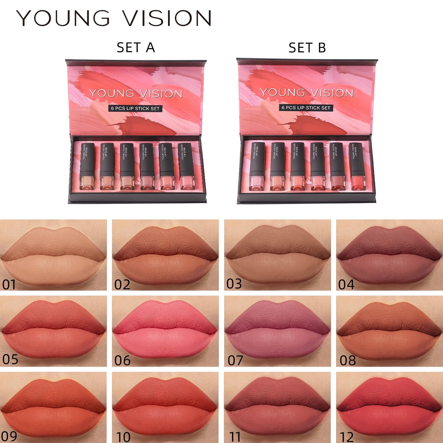 YOUNG VISION 6 Matte Velvet Lipstick Set Waterproof Non-Fade Silky Mud Feeling White Thin Translucent Light Lip Glaze Set