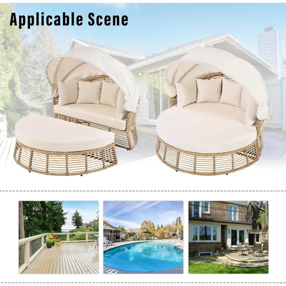 Patio Rattan Round Daybed with Retractable Canopy, Wicker Sofa Sunbed with Removable Cushions,for Outdoor Backyard Porch Lawn Ga