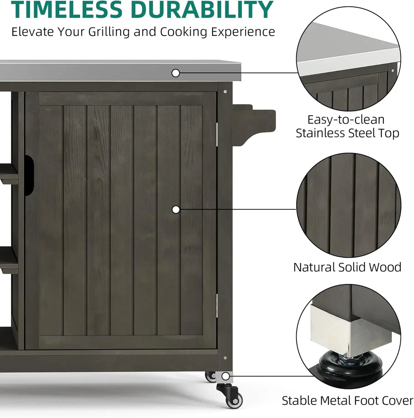 XL Solid Wood Outdoor Grill Cart With Spice Rack And Table