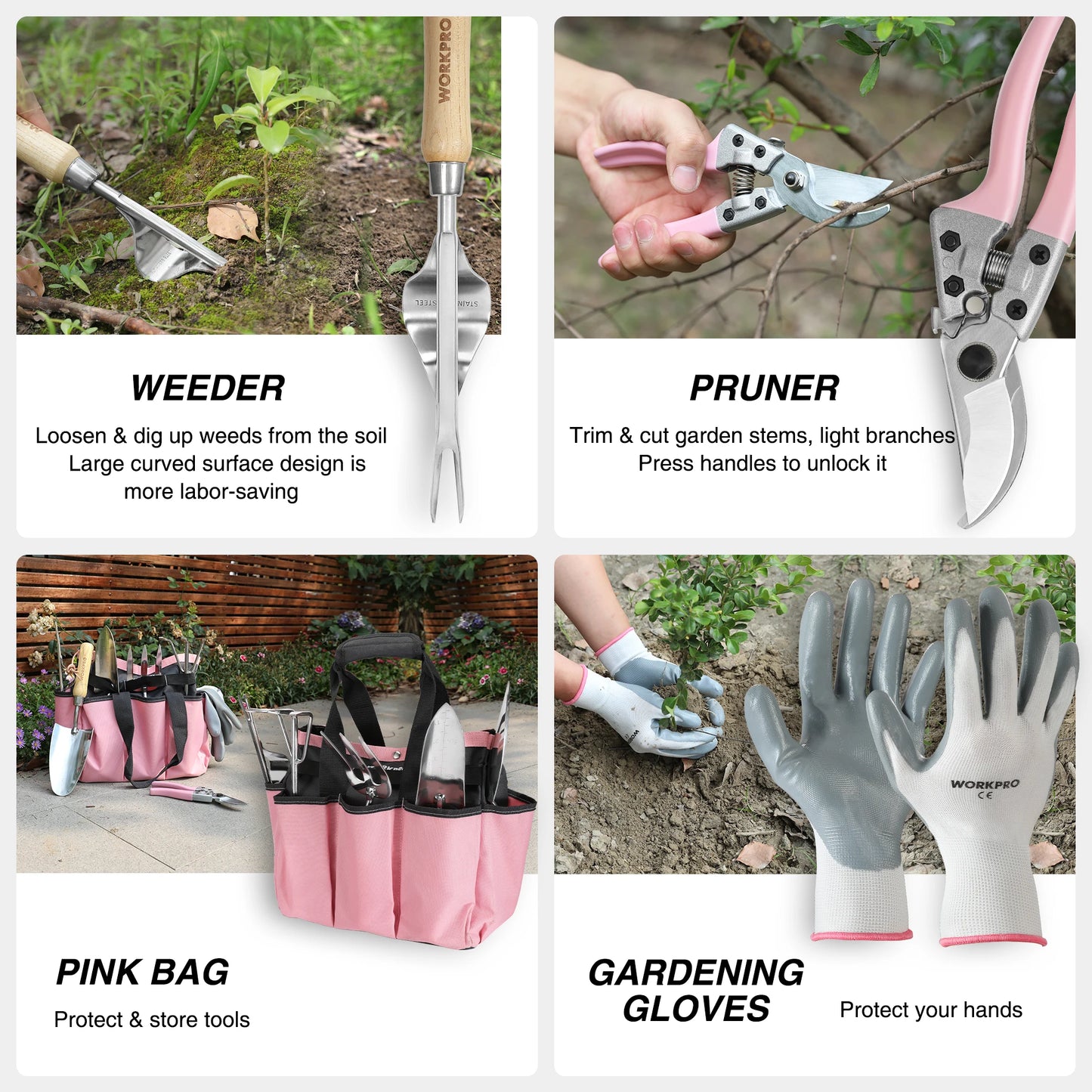 WORKPRO 8-Piece Pink Garden Tool Set Stainless Steel Gardening Tools with Wood Handle Including Tote Gloves Trowel