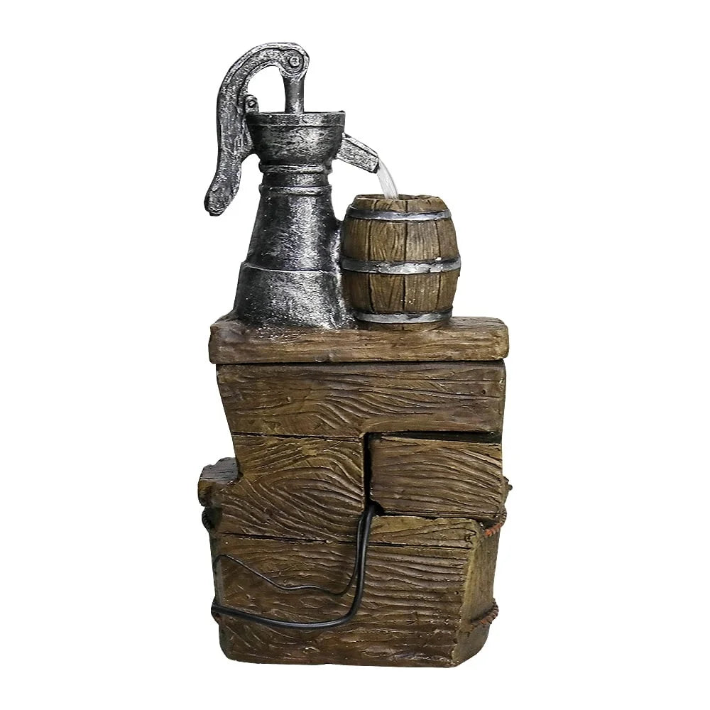 25.5 Inch 5 Tier Outdoor Fountain with LED Lights Rustic Barrel Design Water Feature Garden Patio Home Decor