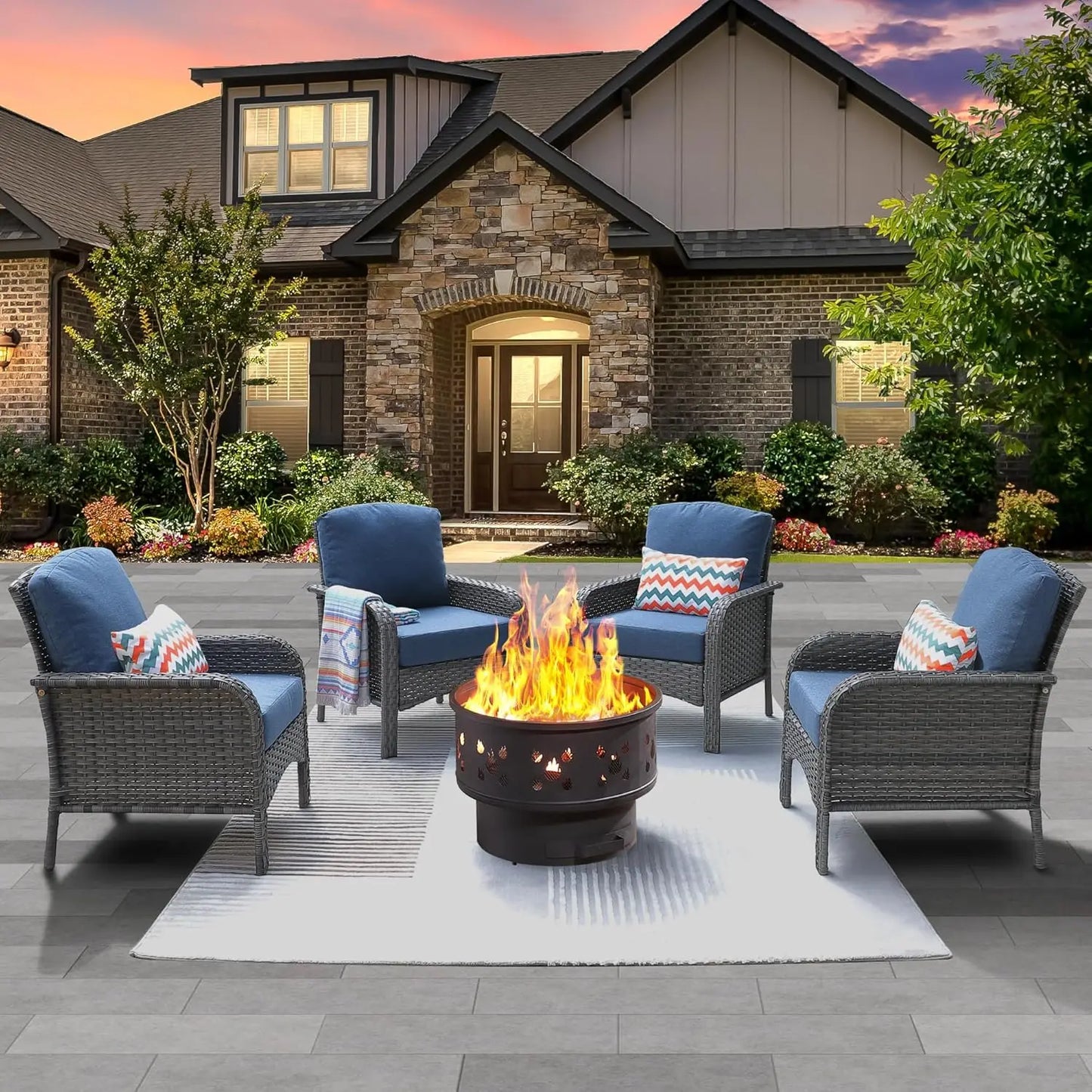 4 Patio Set With 30 Inch Fire Pit Table And Wicker Chairs