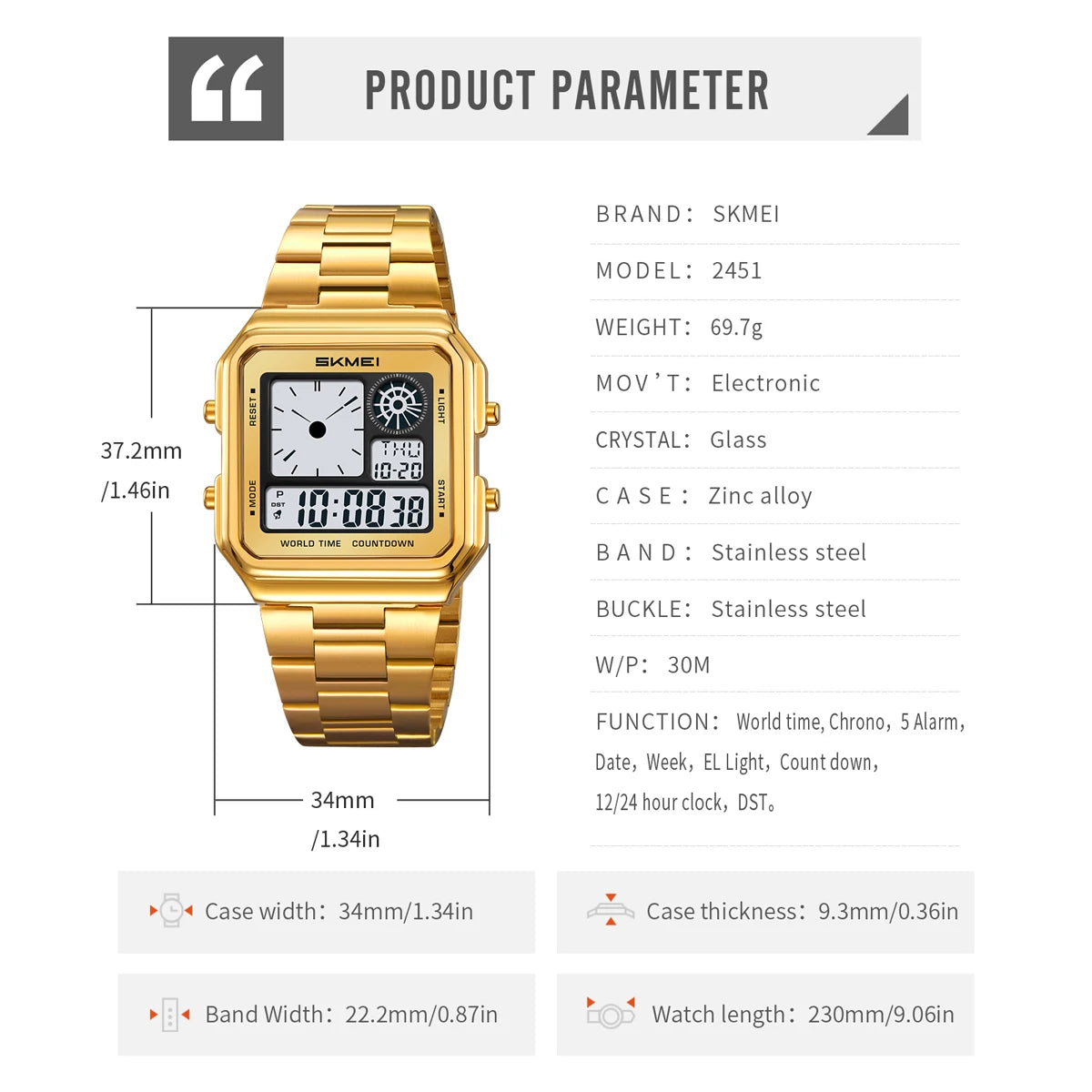 Skmei Digital Watch Waterproof Stainless Steel Band Unisex