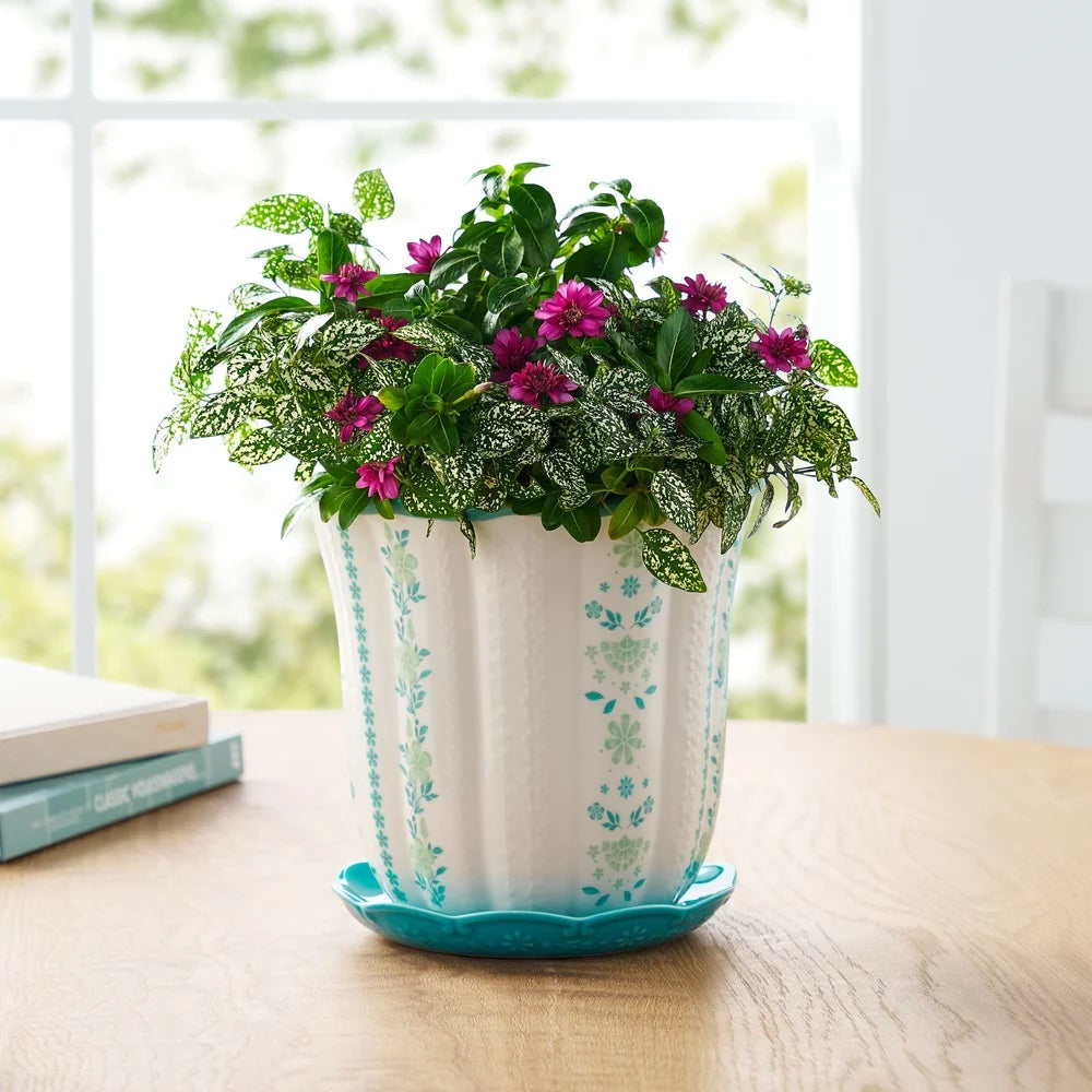 8 Inch Flower Patterned Scallop Planter Ceramic Pot Indoor Outdoor Plants Home Décor Gardening Succulent Holder