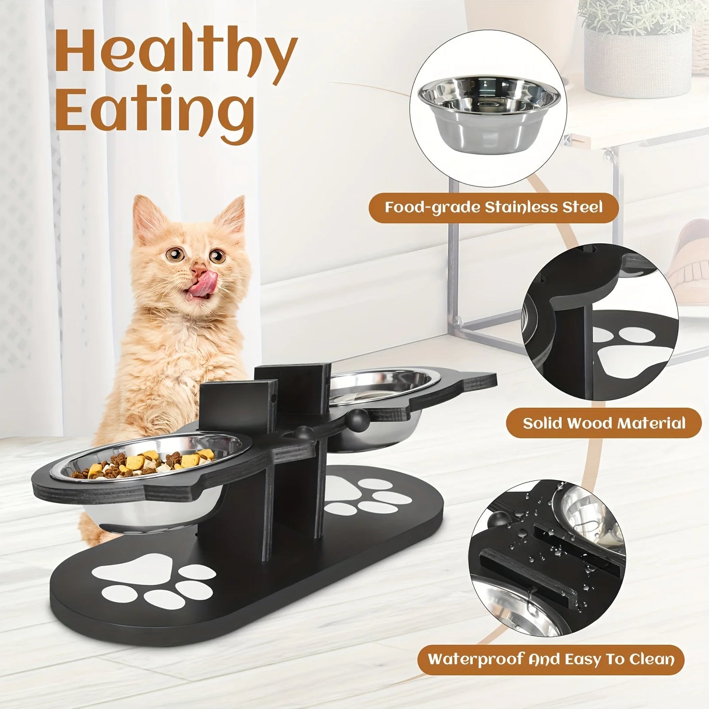 Elevated Tilted Cat Bowls 15 Degree Tilt With Wooden Stand Anti Vomiting 3 Stainless Steel Bowls For Cats And Puppies