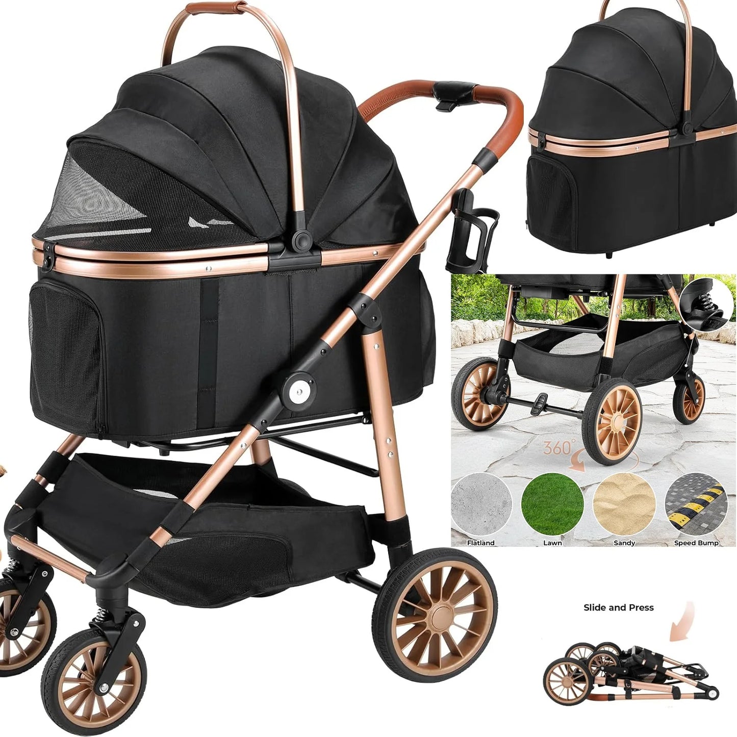 2In1 Dog Buggy Stroller with 360 High Wheels Foldable Pet Carrier for Small Dogs and Cats Up to 25 Kg