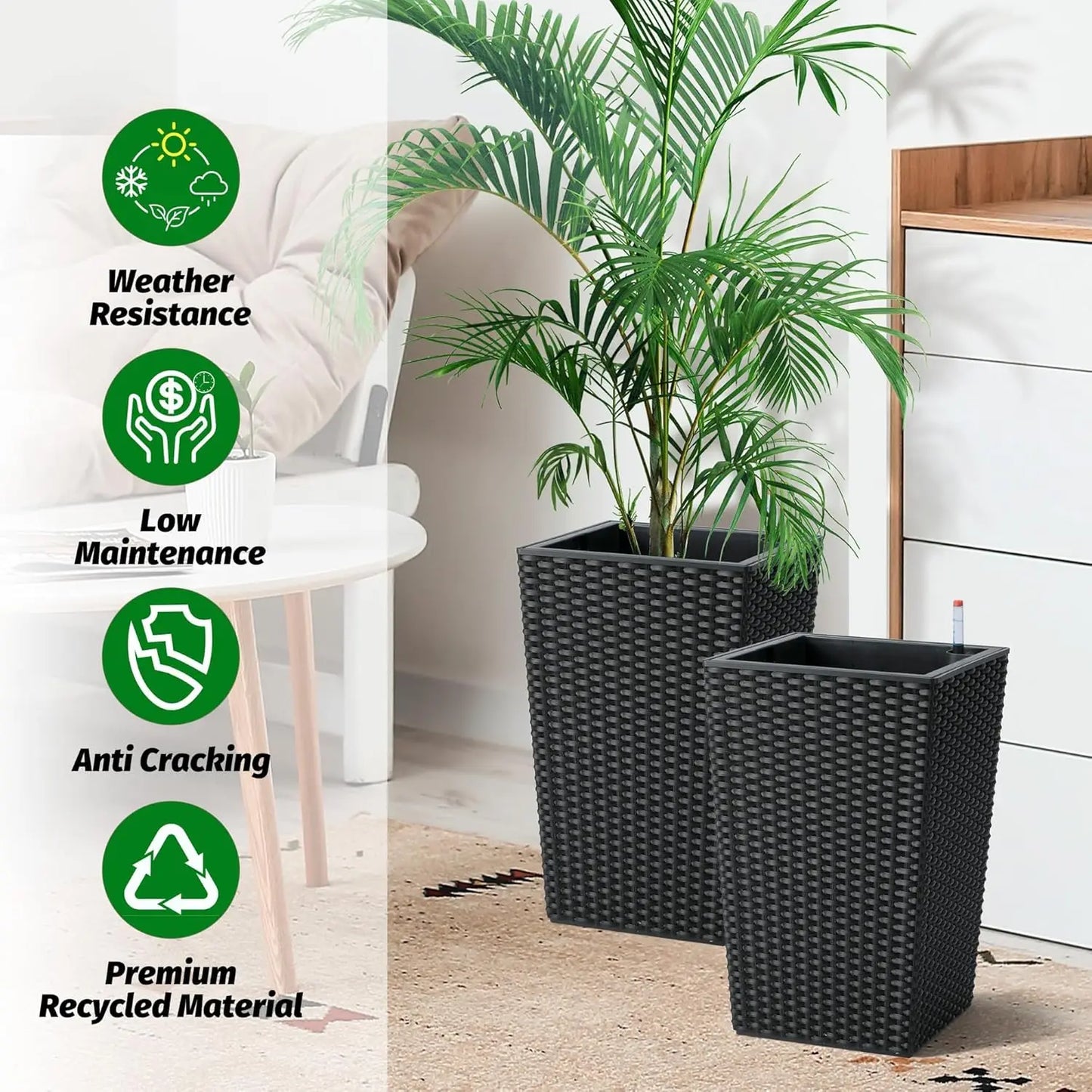 Outdoor Planters 16" Tall Flowers Plant Pots Set of 2 with Tray, Wicker Design & Water Level Gauge Indoor/Outdoor Garden Decor