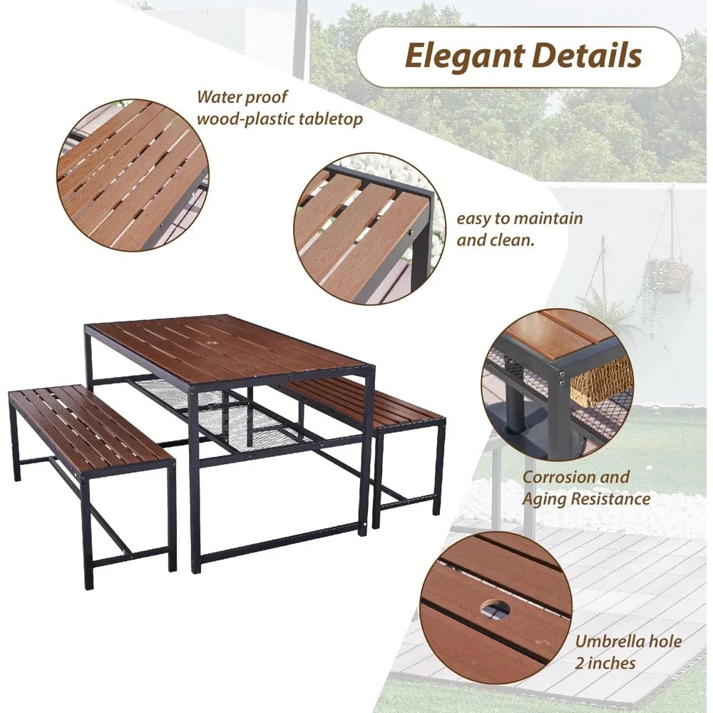 55 Inch Picnic Table And Bench Set With Umbrella Hole For 6