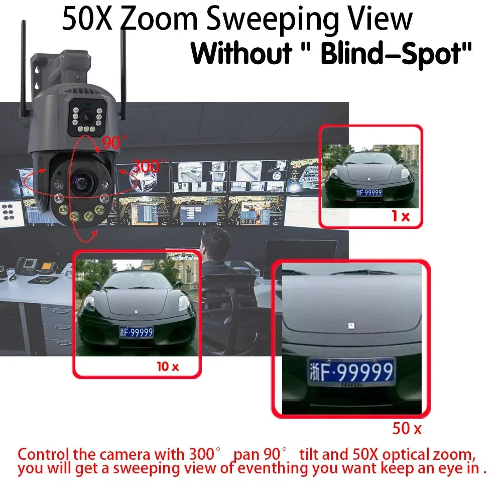 50X Optical Zoom Dual Lens PTZ Wifi Camera Outdoor Audio 150-200M 6MP Color NightVision IP Camera iCsee With 128G TF Card P2P