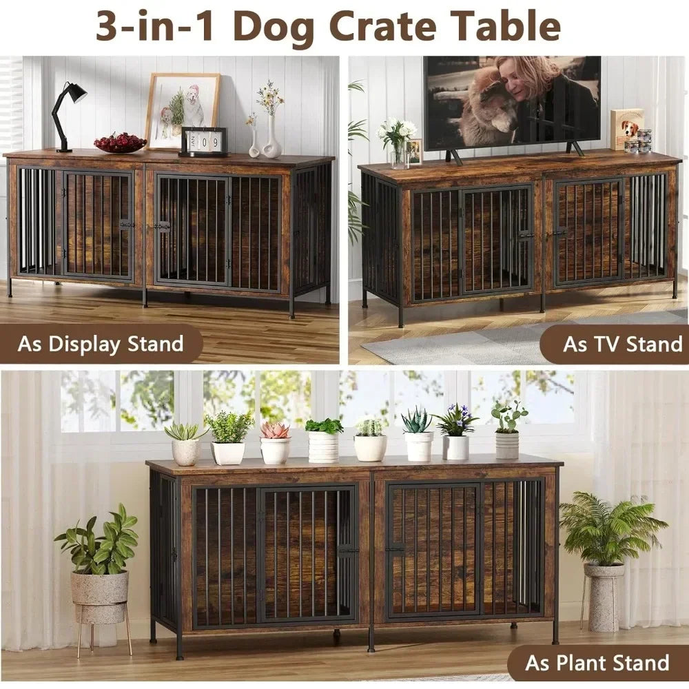 78 Inch Dog Cage Furniture for 2 Dogs, Extra Large Double Dog Crate Furniture Large Breed, 78.74"L x 27.56"W x 32.68"H