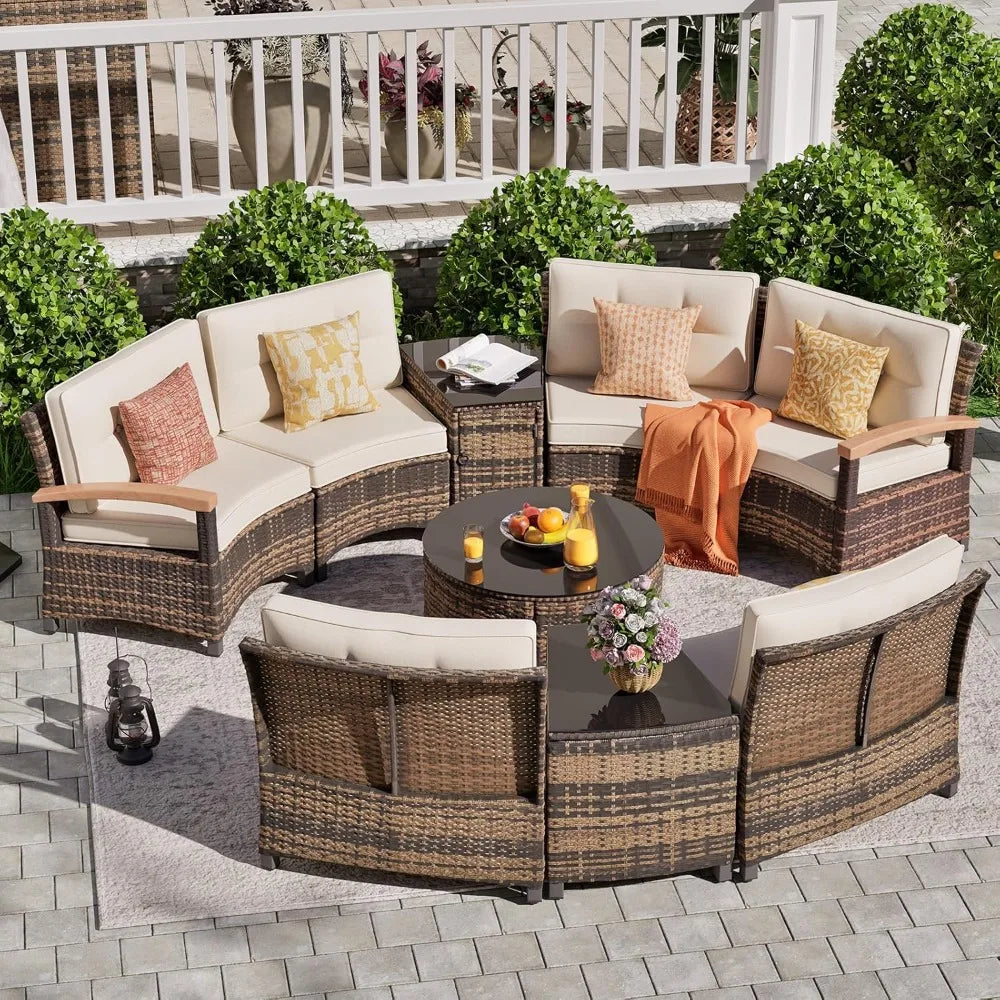 9 Piece Outdoor Patio Set Half Moon Rattan Sofa Conversation