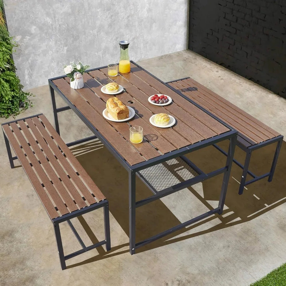55 Inch Picnic Table And Bench Set With Umbrella Hole For 6