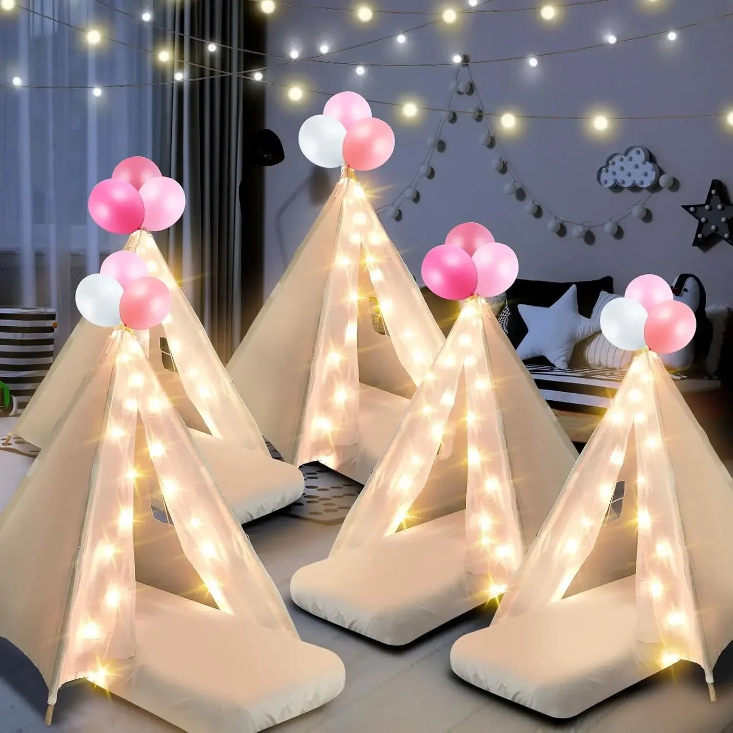 6 Pack Sleepover Teepee Tents for Kids With Mattress Sheets