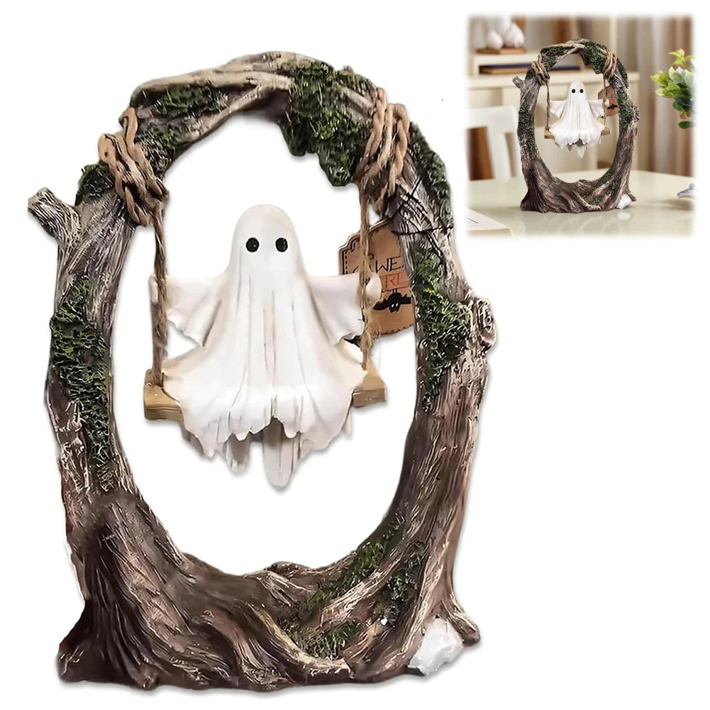 Ghost On Tree Swing Resin Statue Cute Spooky Ornament For Indoor Outdoor Porch Multi Purpose Decoration