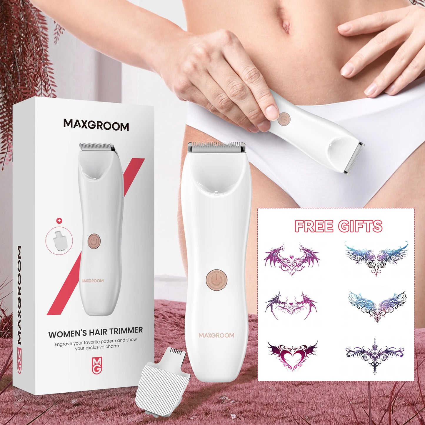 MAXGROOM Bikini Trimmer for Women IPX7 Waterproof Body Underarm Legs Pubic Hair Trimmer Detachable Head Painless Electric Shaver
