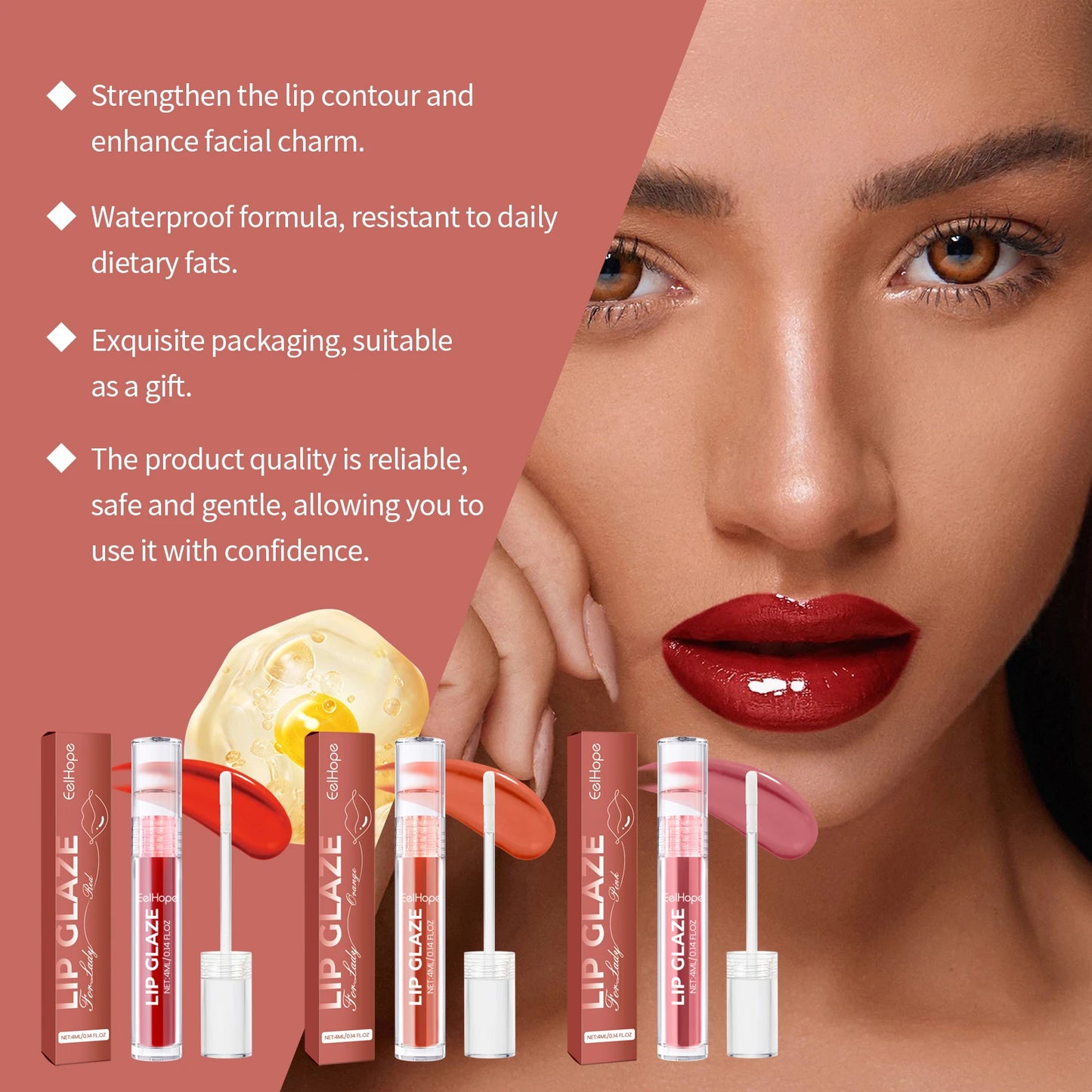 4PCS Lip Gloss Deep Moisturizing, Vivid Color, Long-lasting Color, Moisturizing Lip Gloss, Holiday Gift
