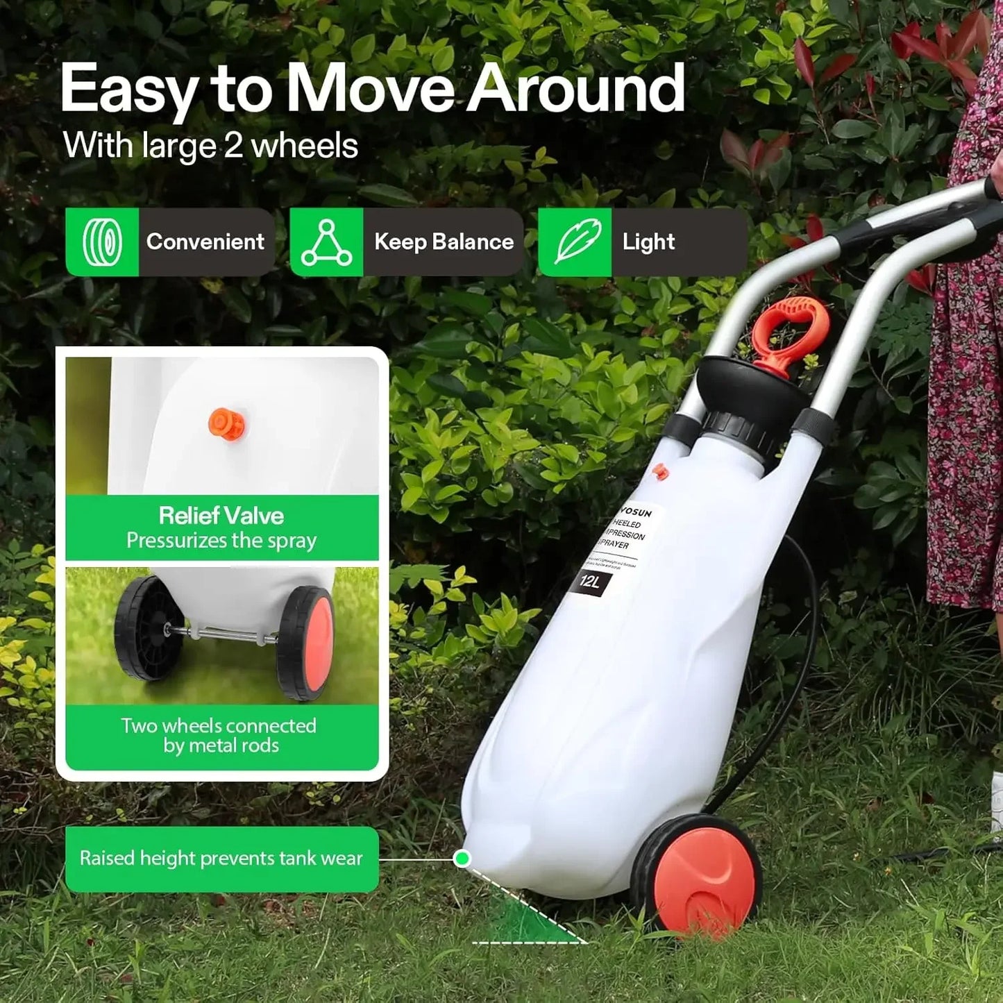 3.2 Gallon Lawn and Garden Wheeled Pump Compression Sprayer with Pressure Relief Valve, Labor-Saving Wheel Design