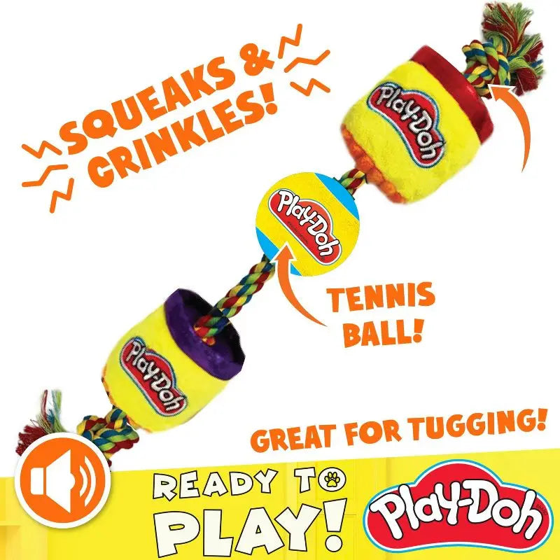 Play-Doh Dog Toy Squeak Crinkle Cans Tug Metallic Lids Tennis Ball Long Rope Plush Tug-of-War Fun Pet Toy Playtime
